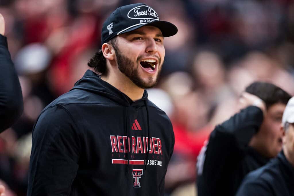 LUBBOCK, TEXAS - JANUARY 24: Future Texas Tech quarterback Brendan Sorsby shouts during the first half of the game between the Houston Cougars and the Texas Tech Red Raiders at United Supermarkets Arena on January 24, 2026 in Lubbock, Texas.