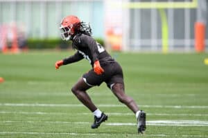 BEREA, OHIO - MAY 08: Emmanuel McNeil-Warren #28 of the Cleveland Browns runs a drill during a rookie minicamp at CrossCountry Mortgage Campus on May 08, 2026 in Berea, Ohio.