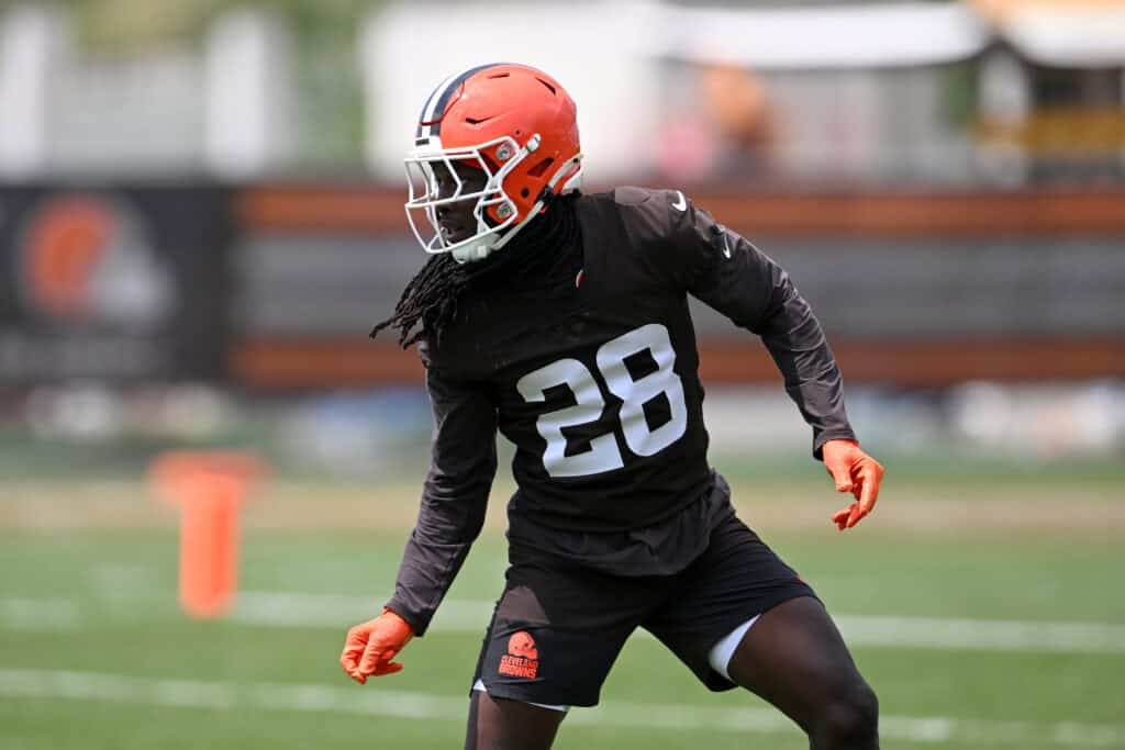 BEREA, OHIO - MAY 08: Emmanuel McNeil-Warren #28 of the Cleveland Browns runs a drill during a rookie minicamp at CrossCountry Mortgage Campus on May 08, 2026 in Berea, Ohio.
