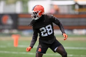 BEREA, OHIO - MAY 08: Emmanuel McNeil-Warren #28 of the Cleveland Browns runs a drill during a rookie minicamp at CrossCountry Mortgage Campus on May 08, 2026 in Berea, Ohio.