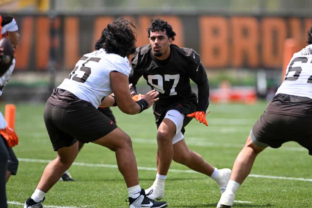 BEREA, OHIO - MAY 08: Logan Fano #97 of the Cleveland Browns rushes against Spencer Fano #55 during a rookie minicamp at CrossCountry Mortgage Campus on May 08, 2026 in Berea, Ohio.
