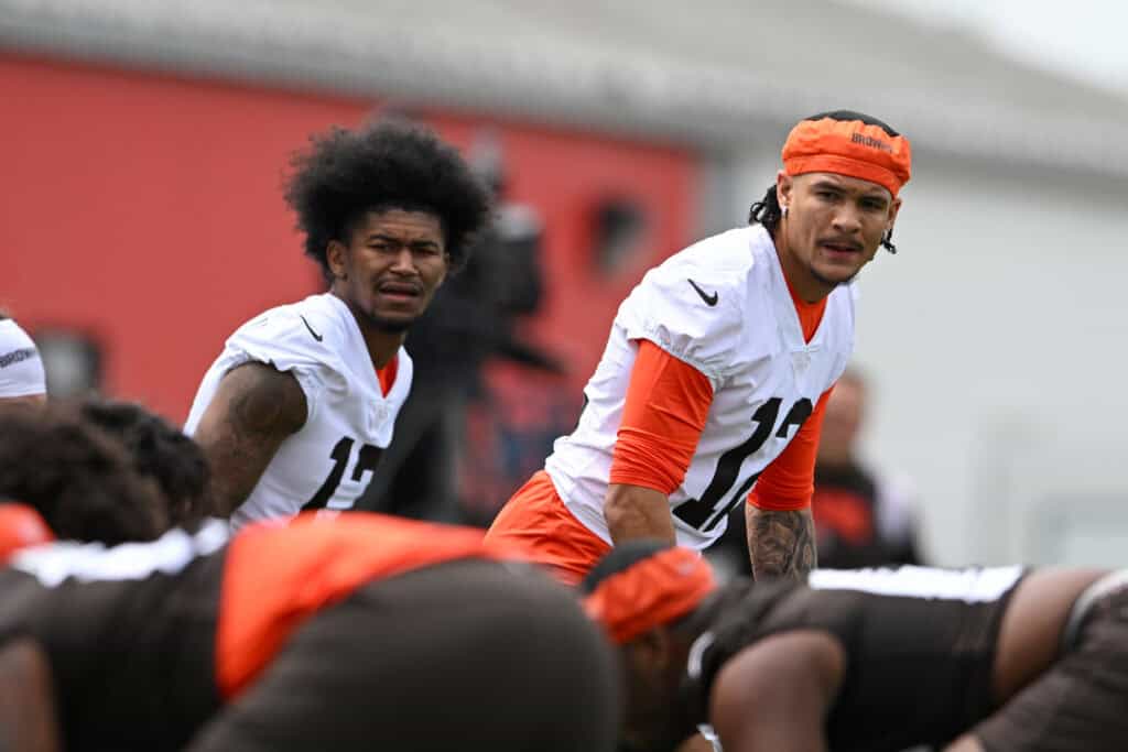 BEREA, OHIO - MAY 08: KC Concepcion #17 and Denzel Boston #12 of the Cleveland Browns run a drill during a rookie minicamp at CrossCountry Mortgage Campus on May 08, 2026 in Berea, Ohio.