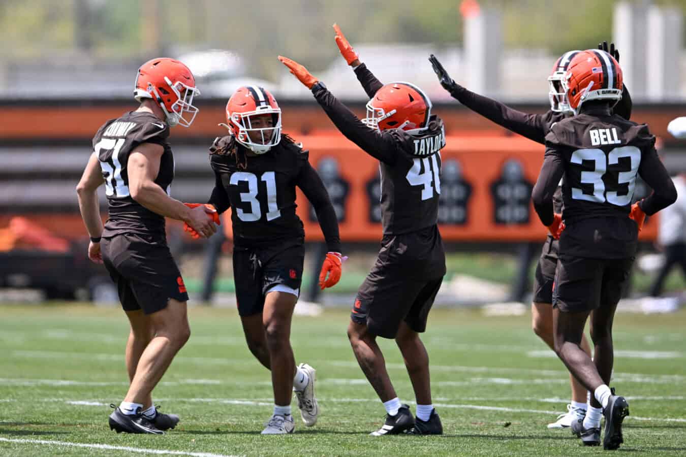 BEREA, OHIO - MAY 08: Aaron Harris #31 of the Cleveland Browns celebrates a with teammates after a pass breakup during a rookie minicamp at CrossCountry Mortgage Campus on May 08, 2026 in Berea, Ohio.