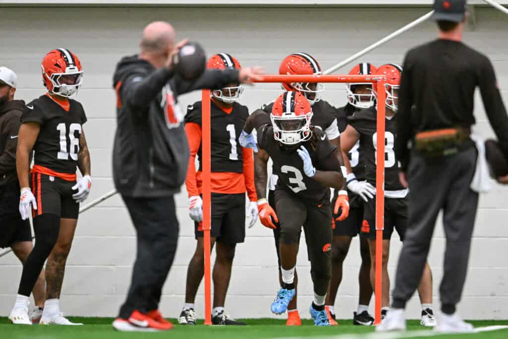 BEREA, OHIO - MAY 20: Jerry Jeudy #3 of the Cleveland Browns runs a drill during the Cleveland Browns OTA Offseason Workouts at CrossCountry Mortgage Campus on May 20, 2026 in Berea, Ohio.