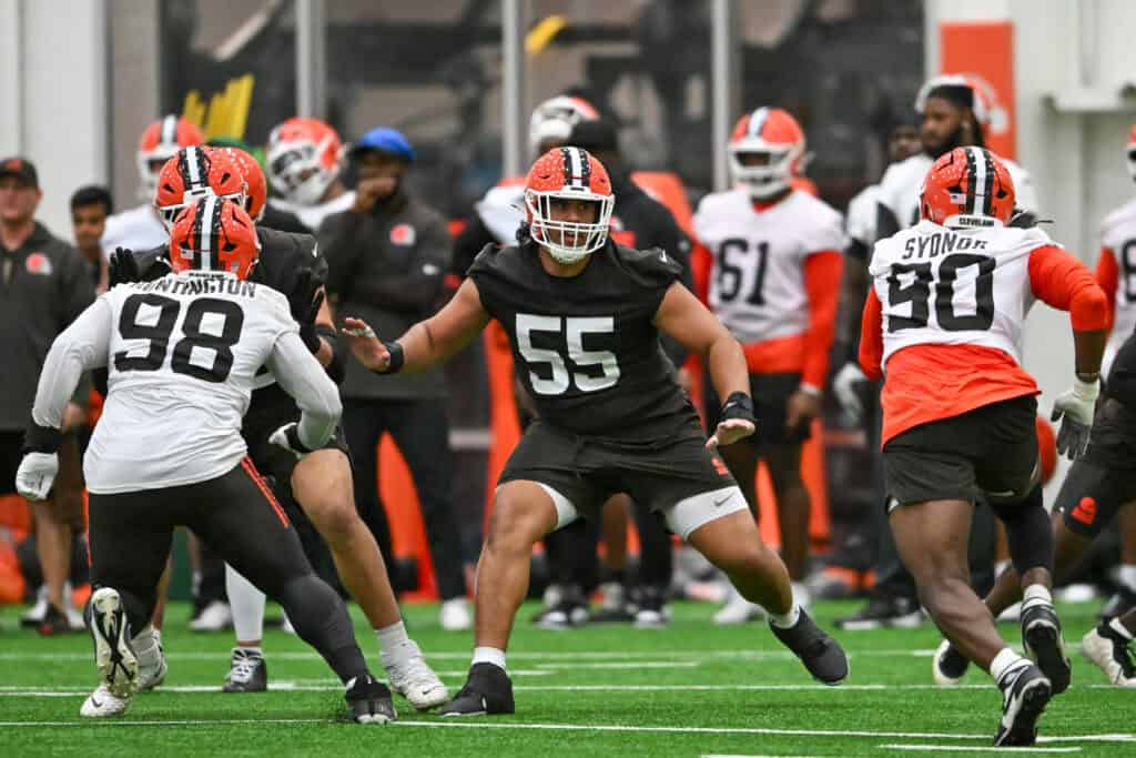 BEREA, OHIO - MAY 20: Spencer Fano #55 of the Cleveland Browns runs a drill during the Cleveland Browns OTA Offseason Workouts at CrossCountry Mortgage Campus on May 20, 2026 in Berea, Ohio.