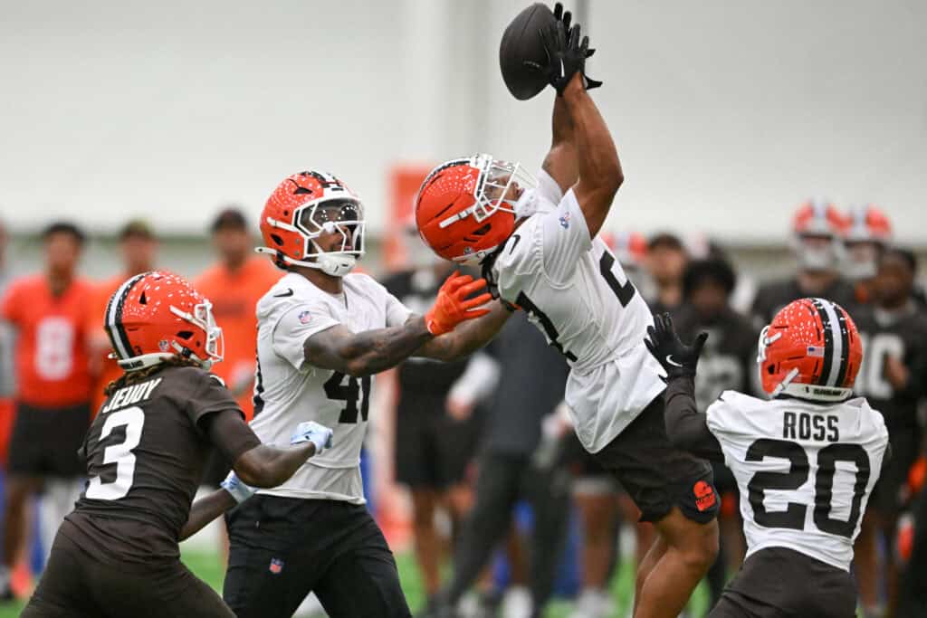 BEREA, OHIO - MAY 20: Myles Bryant #27 of the Cleveland Browns intercepts a pass during the Cleveland Browns OTA Offseason Workouts at CrossCountry Mortgage Campus on May 20, 2026 in Berea, Ohio.