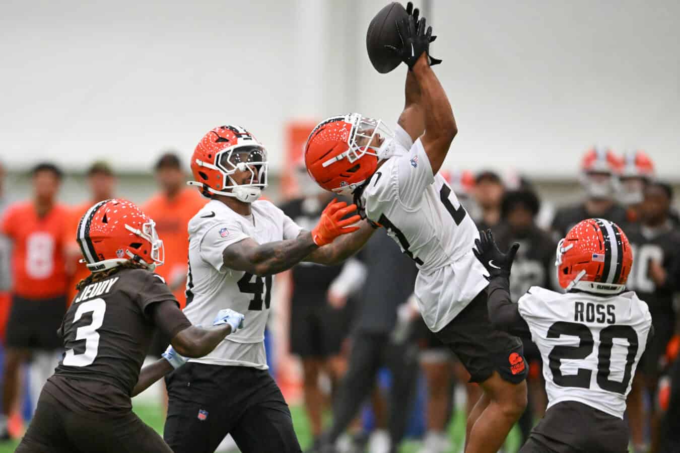 BEREA, OHIO - MAY 20: Myles Bryant #27 of the Cleveland Browns intercepts a pass during the Cleveland Browns OTA Offseason Workouts at CrossCountry Mortgage Campus on May 20, 2026 in Berea, Ohio.