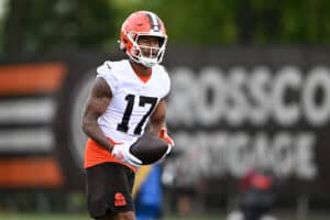 BEREA, OHIO - MAY 08: KC Concepcion #17 of the Cleveland Browns runs a drill during a rookie minicamp at CrossCountry Mortgage Campus on May 08, 2026 in Berea, Ohio.