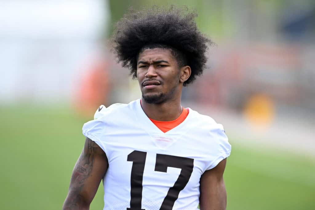 BEREA, OHIO - MAY 08: KC Concepcion #17 of the Cleveland Browns looks on after a rookie minicamp at CrossCountry Mortgage Campus on May 08, 2026 in Berea, Ohio.