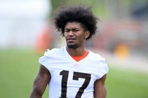 BEREA, OHIO - MAY 08: KC Concepcion #17 of the Cleveland Browns looks on after a rookie minicamp at CrossCountry Mortgage Campus on May 08, 2026 in Berea, Ohio.