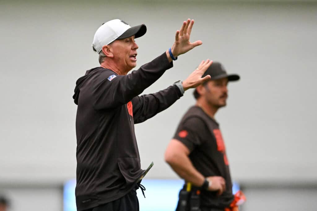 BEREA, OHIO - MAY 20: Head coach Todd Monken of the Cleveland Browns directs a drill during the Cleveland Browns OTA Offseason Workouts at CrossCountry Mortgage Campus on May 20, 2026 in Berea, Ohio.