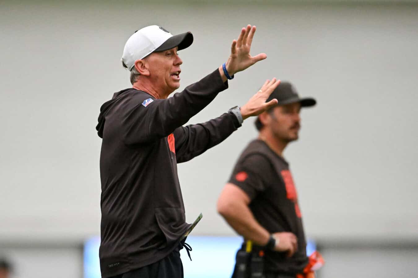 BEREA, OHIO - MAY 20: Head coach Todd Monken of the Cleveland Browns directs a drill during the Cleveland Browns OTA Offseason Workouts at CrossCountry Mortgage Campus on May 20, 2026 in Berea, Ohio.