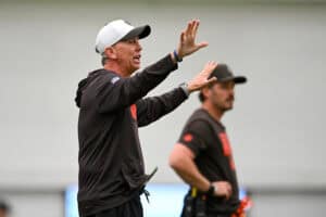 BEREA, OHIO - MAY 20: Head coach Todd Monken of the Cleveland Browns directs a drill during the Cleveland Browns OTA Offseason Workouts at CrossCountry Mortgage Campus on May 20, 2026 in Berea, Ohio.