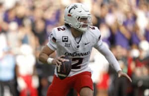 FORT WORTH, TEXAS - NOVEMBER 29: Brendan Sorsby #2 of the Cincinnati Bearcats scrambles during the first half against the TCU Horned Frogs Amon G. Carter Stadium on November 29, 2025 in Fort Worth, Texas.