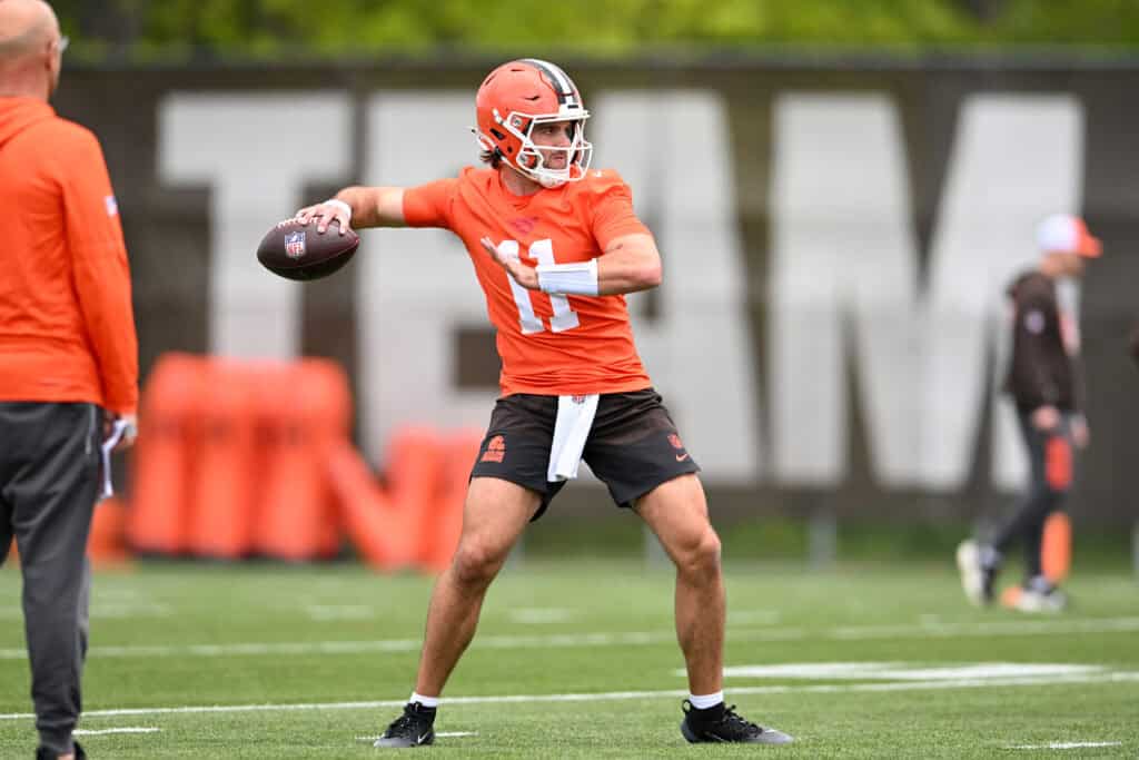 BEREA, OHIO - MAY 08: Bryson Barnes #11 of the Cleveland Browns throws a pass during a rookie minicamp at CrossCountry Mortgage Campus on May 08, 2026 in Berea, Ohio.