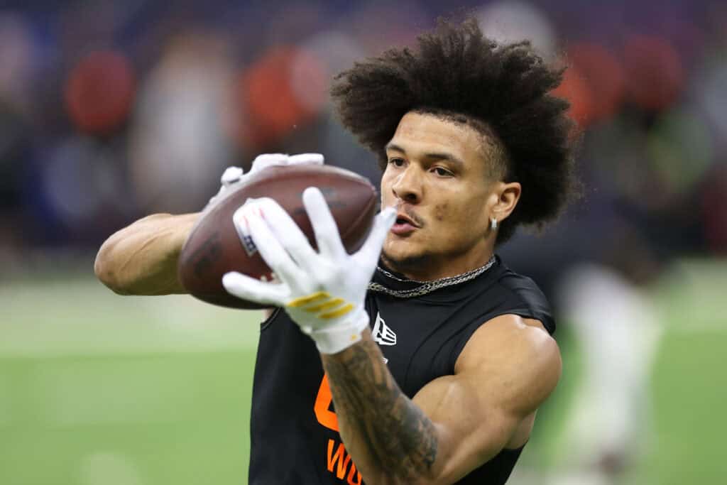 INDIANAPOLIS, INDIANA - FEBRUARY 28: Denzel Boston of the Washington Huskies participates in a drill during the 2026 NFL Scouting Combine at Lucas Oil Stadium on February 28, 2026 in Indianapolis, Indiana.