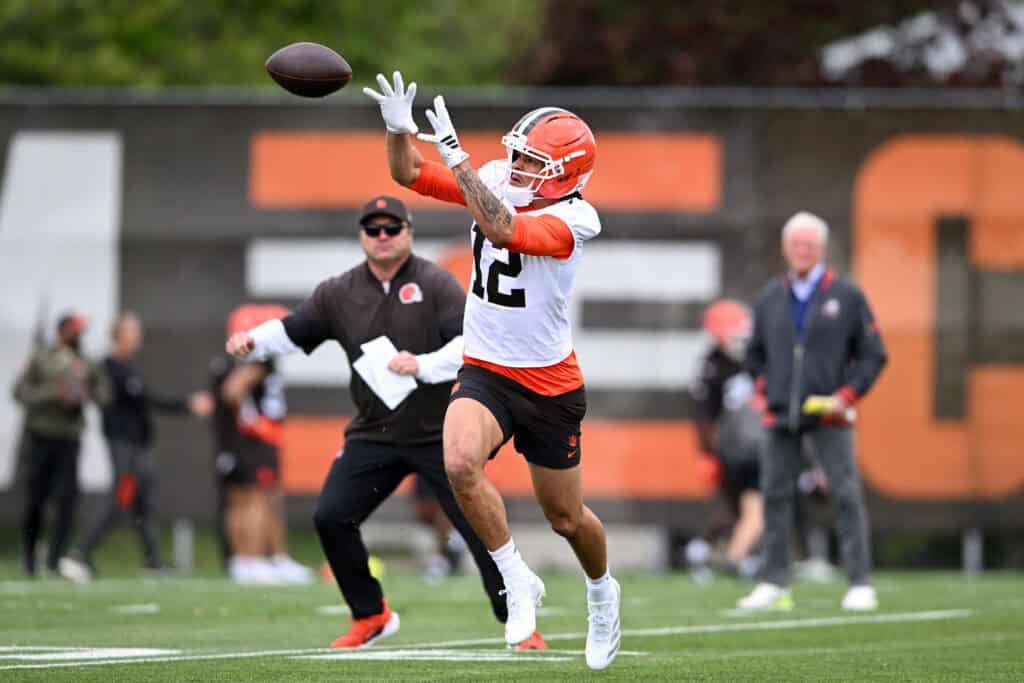 BEREA, OHIO - MAY 08: Denzel Boston #12 of the Cleveland Browns catches a pass during a rookie minicamp at CrossCountry Mortgage Campus on May 08, 2026 in Berea, Ohio.