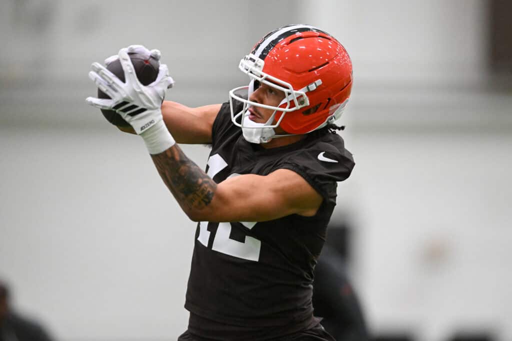 BEREA, OHIO - MAY 20: Denzel Boston #12 of the Cleveland Browns catches a pass during the Cleveland Browns OTA Offseason Workouts at CrossCountry Mortgage Campus on May 20, 2026 in Berea, Ohio.
