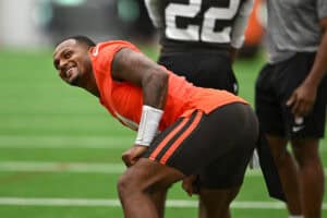 BEREA, OHIO - MAY 20: Deshaun Watson #4 of the Cleveland Browns warms up during the Cleveland Browns OTA Offseason Workouts at CrossCountry Mortgage Campus on May 20, 2026 in Berea, Ohio.