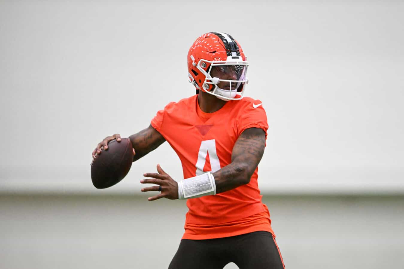 BEREA, OHIO - MAY 20: Deshaun Watson #4 of the Cleveland Browns throws a pass during the Cleveland Browns OTA Offseason Workouts at CrossCountry Mortgage Campus on May 20, 2026 in Berea, Ohio.