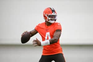 BEREA, OHIO - MAY 20: Deshaun Watson #4 of the Cleveland Browns throws a pass during the Cleveland Browns OTA Offseason Workouts at CrossCountry Mortgage Campus on May 20, 2026 in Berea, Ohio.