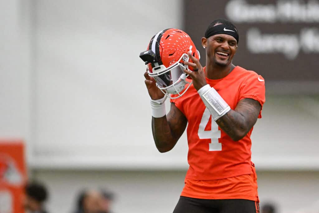 BEREA, OHIO - MAY 20: Deshaun Watson #4 of the Cleveland Browns laughs during the Cleveland Browns OTA Offseason Workouts at CrossCountry Mortgage Campus on May 20, 2026 in Berea, Ohio.