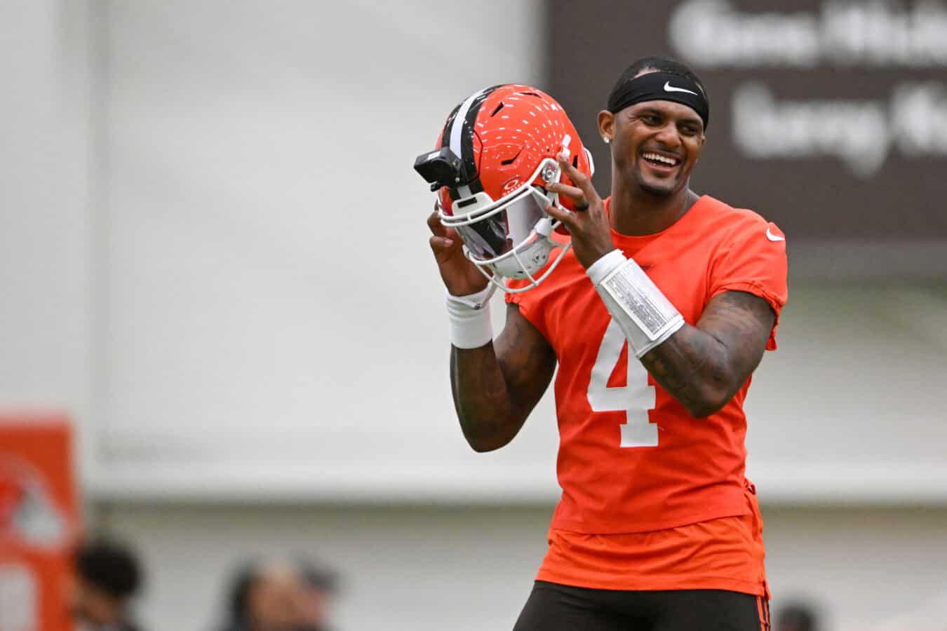 BEREA, OHIO - MAY 20: Deshaun Watson #4 of the Cleveland Browns laughs during the Cleveland Browns OTA Offseason Workouts at CrossCountry Mortgage Campus on May 20, 2026 in Berea, Ohio.