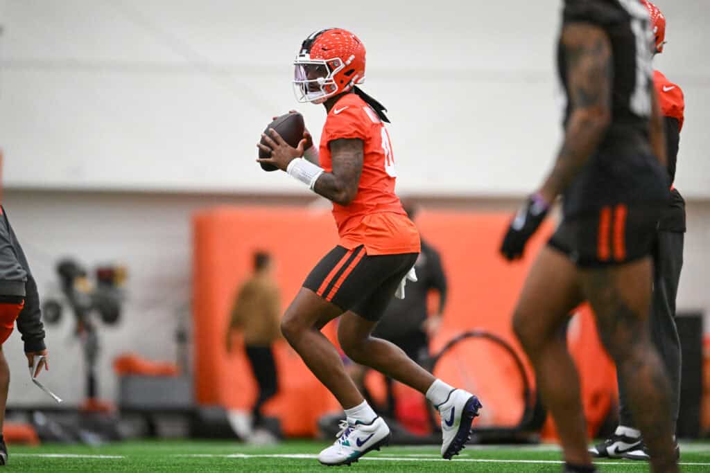 BEREA, OHIO - MAY 20: Deshaun Watson #4 of the Cleveland Browns looks to pass during the Cleveland Browns OTA Offseason Workouts at CrossCountry Mortgage Campus on May 20, 2026 in Berea, Ohio.