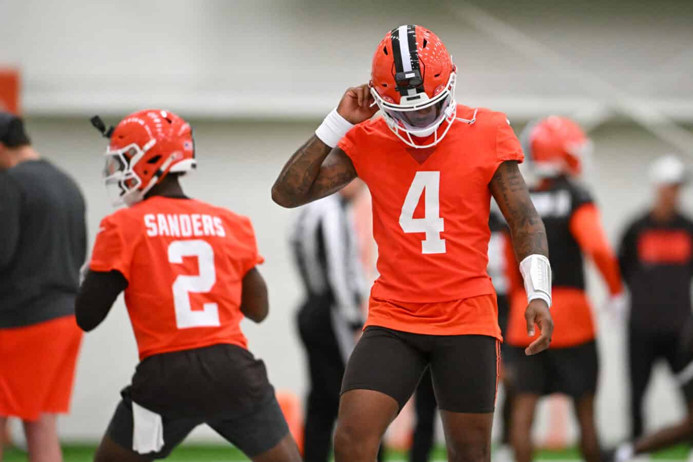 BEREA, OHIO - MAY 20: Deshaun Watson #4 of the Cleveland Browns looks on during the Cleveland Browns OTA Offseason Workouts at CrossCountry Mortgage Campus on May 20, 2026 in Berea, Ohio.