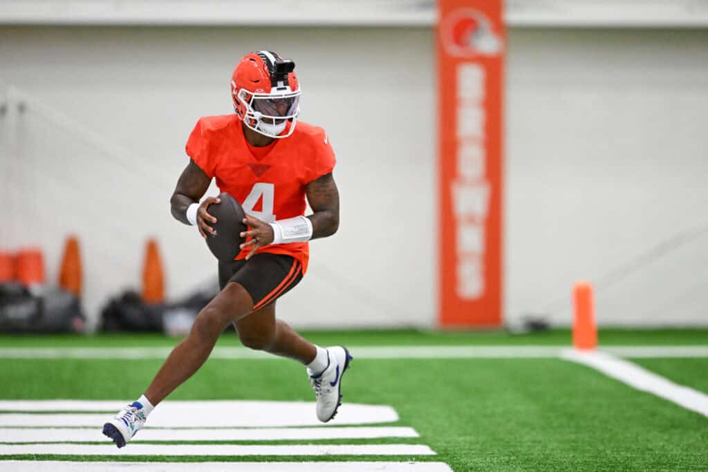 BEREA, OHIO - MAY 20: Deshaun Watson #4 of the Cleveland Browns looks to pass during the Cleveland Browns OTA Offseason Workouts at CrossCountry Mortgage Campus on May 20, 2026 in Berea, Ohio.