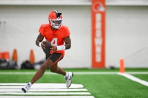 BEREA, OHIO - MAY 20: Deshaun Watson #4 of the Cleveland Browns looks to pass during the Cleveland Browns OTA Offseason Workouts at CrossCountry Mortgage Campus on May 20, 2026 in Berea, Ohio.