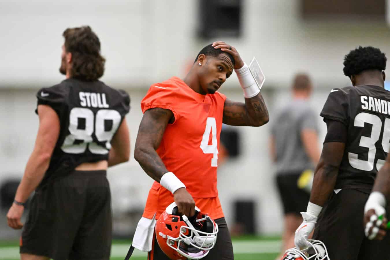 BEREA, OHIO - MAY 20: Deshaun Watson #4 of the Cleveland Browns looks on during the Cleveland Browns OTA Offseason Workouts at CrossCountry Mortgage Campus on May 20, 2026 in Berea, Ohio.