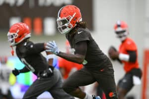 BEREA, OHIO - MAY 20: Jerry Jeudy #3 of the Cleveland Browns runs a drill during the Cleveland Browns OTA Offseason Workouts at CrossCountry Mortgage Campus on May 20, 2026 in Berea, Ohio.