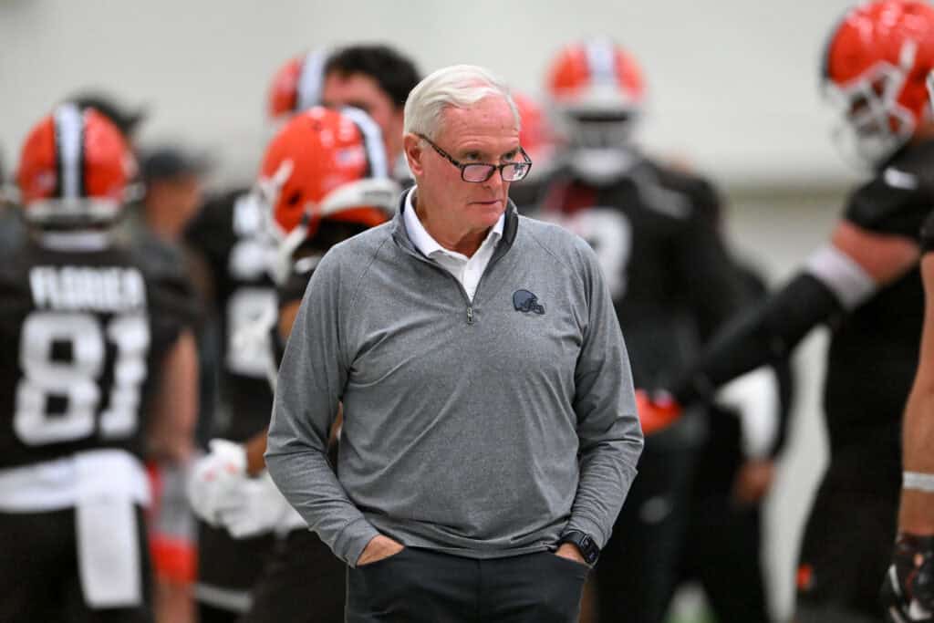 BEREA, OHIO - MAY 20: Managing and principal partner Jimmy Haslam of the Cleveland Browns looks on during the Cleveland Browns OTA Offseason Workouts at CrossCountry Mortgage Campus on May 20, 2026 in Berea, Ohio.