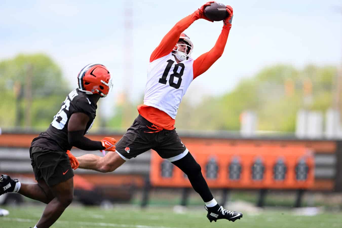 BEREA, OHIO - MAY 08: Joe Royer #18 of the Cleveland Browns catches a pass during a rookie minicamp at CrossCountry Mortgage Campus on May 08, 2026 in Berea, Ohio.