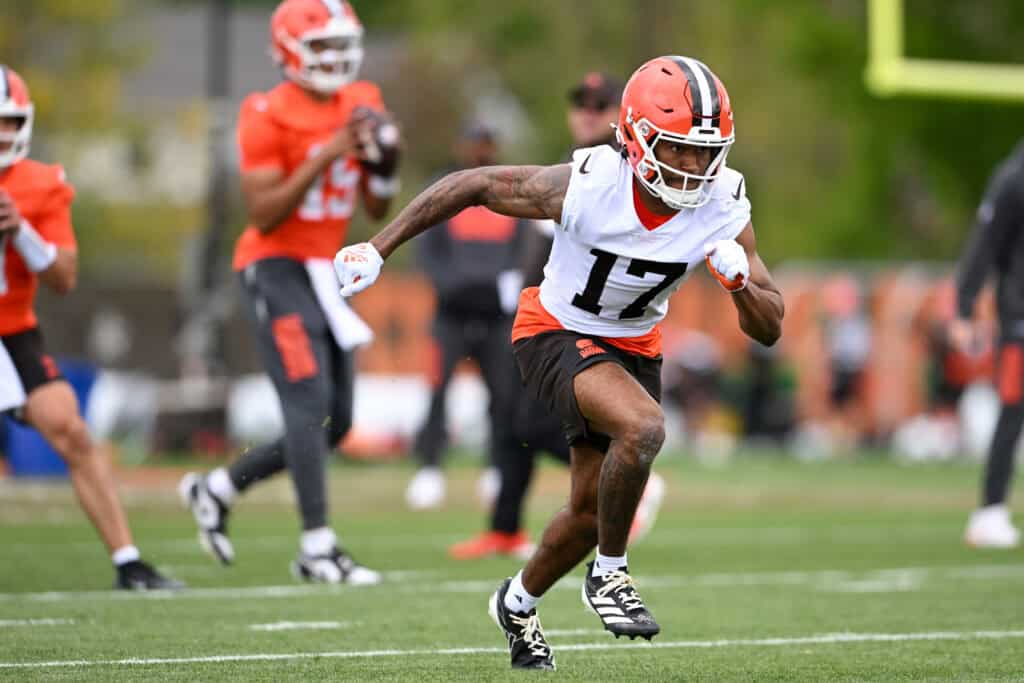 BEREA, OHIO - MAY 08: KC Concepcion #17 of the Cleveland Browns runs a drill during a rookie minicamp at CrossCountry Mortgage Campus on May 08, 2026 in Berea, Ohio.