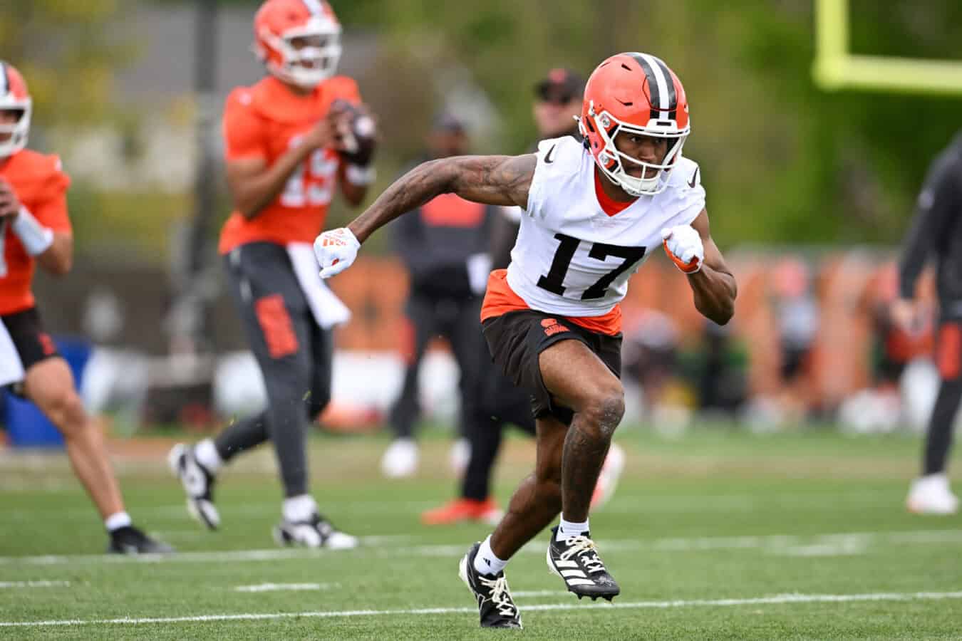 BEREA, OHIO - MAY 08: KC Concepcion #17 of the Cleveland Browns runs a drill during a rookie minicamp at CrossCountry Mortgage Campus on May 08, 2026 in Berea, Ohio.