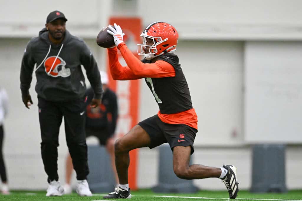 BEREA, OHIO - MAY 20: KC Concepcion #1 of the Cleveland Browns catches a pass during the Cleveland Browns OTA Offseason Workouts at CrossCountry Mortgage Campus on May 20, 2026 in Berea, Ohio.