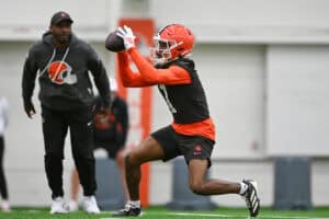 BEREA, OHIO - MAY 20: KC Concepcion #1 of the Cleveland Browns catches a pass during the Cleveland Browns OTA Offseason Workouts at CrossCountry Mortgage Campus on May 20, 2026 in Berea, Ohio.