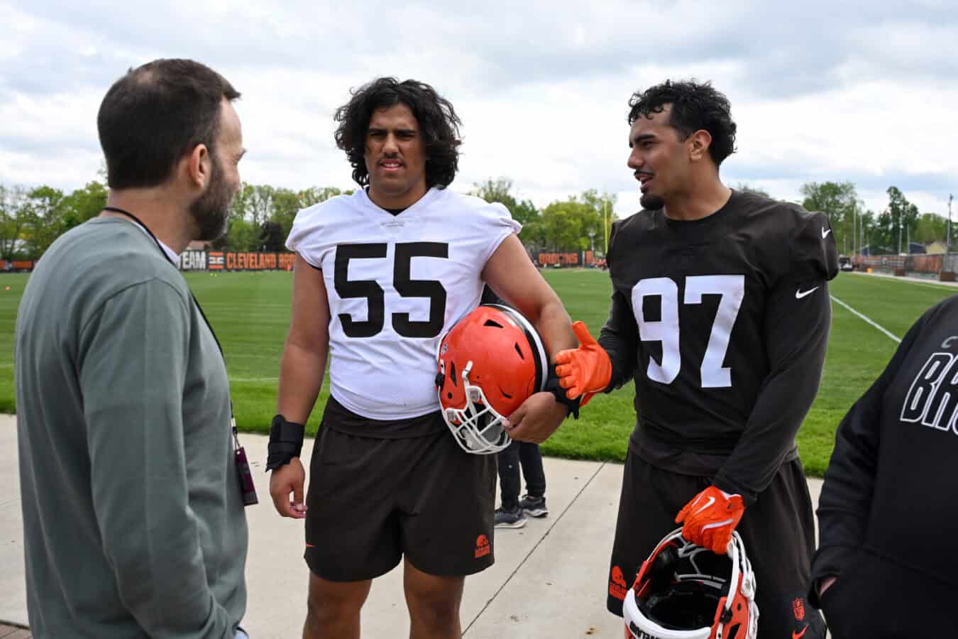 BEREA, OHIO - MAY 08: Spencer Fano #55 and Logan Fano #97 of the Cleveland Browns talk with the media after a rookie minicamp at CrossCountry Mortgage Campus on May 08, 2026 in Berea, Ohio.