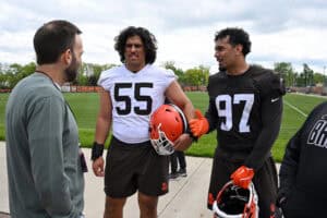 BEREA, OHIO - MAY 08: Spencer Fano #55 and Logan Fano #97 of the Cleveland Browns talk with the media after a rookie minicamp at CrossCountry Mortgage Campus on May 08, 2026 in Berea, Ohio.