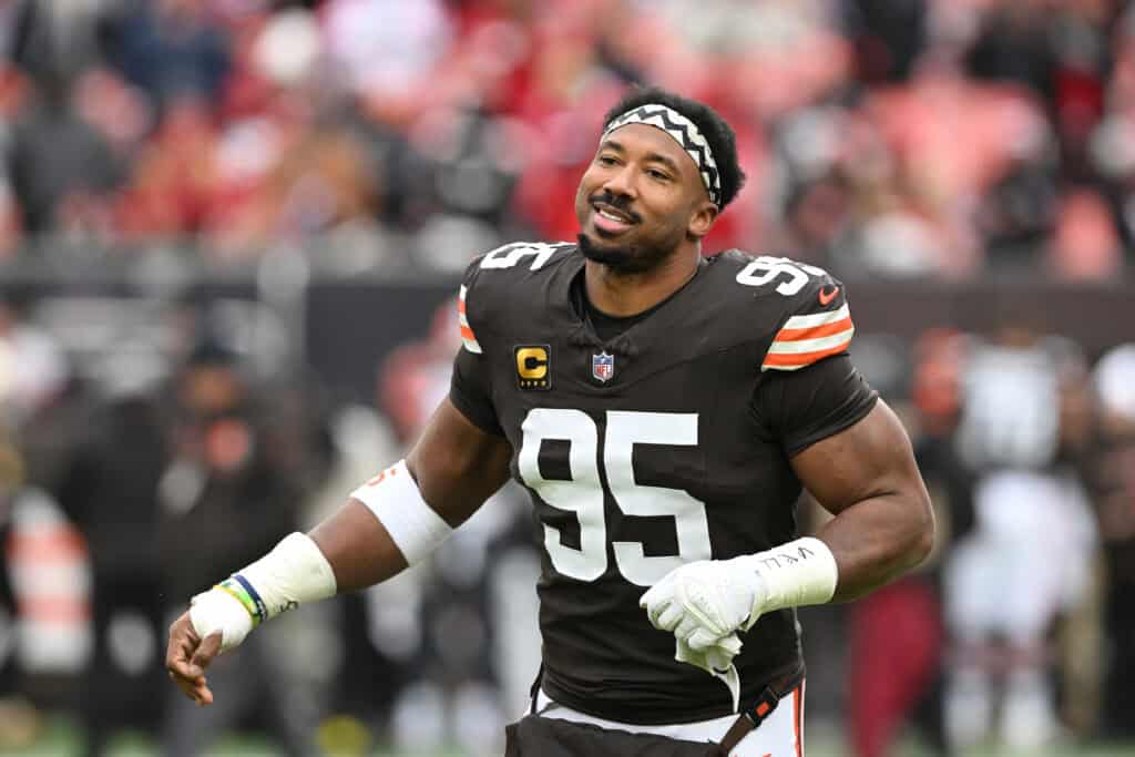 CLEVELAND, OHIO - NOVEMBER 30: Myles Garrett #95 of the Cleveland Browns reacts before the game against the San Francisco 49ers at Huntington Bank Field on November 30, 2025 in Cleveland, Ohio.