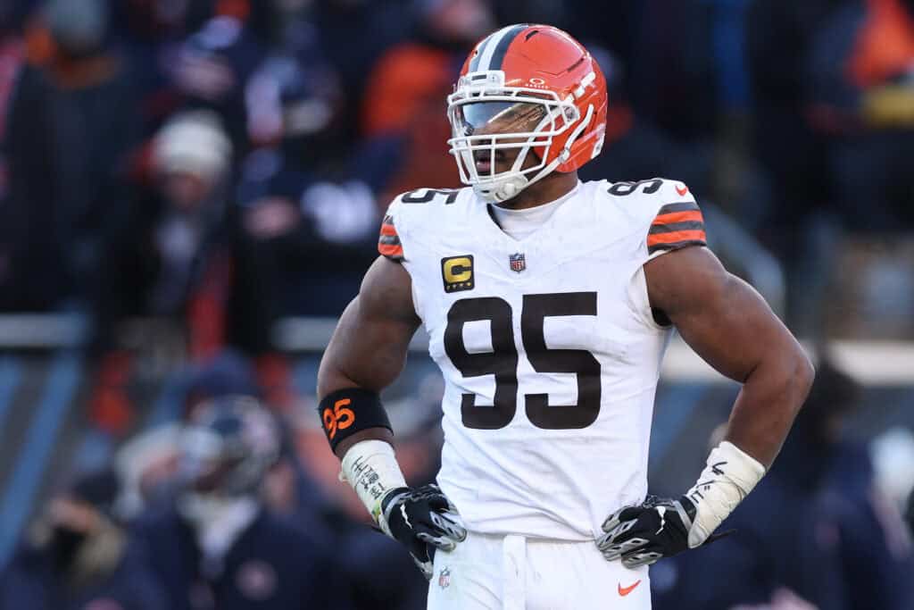 CHICAGO, ILLINOIS - DECEMBER 14: Myles Garrett #95 of the Cleveland Browns looks on against the Chicago Bears at Soldier Field on December 14, 2025 in Chicago, Illinois.