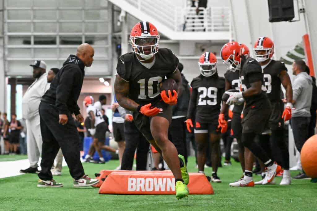 BEREA, OHIO - MAY 20: Quinshon Judkins #10 of the Cleveland Browns runs a drill during the Cleveland Browns OTA Offseason Workouts at CrossCountry Mortgage Campus on May 20, 2026 in Berea, Ohio.
