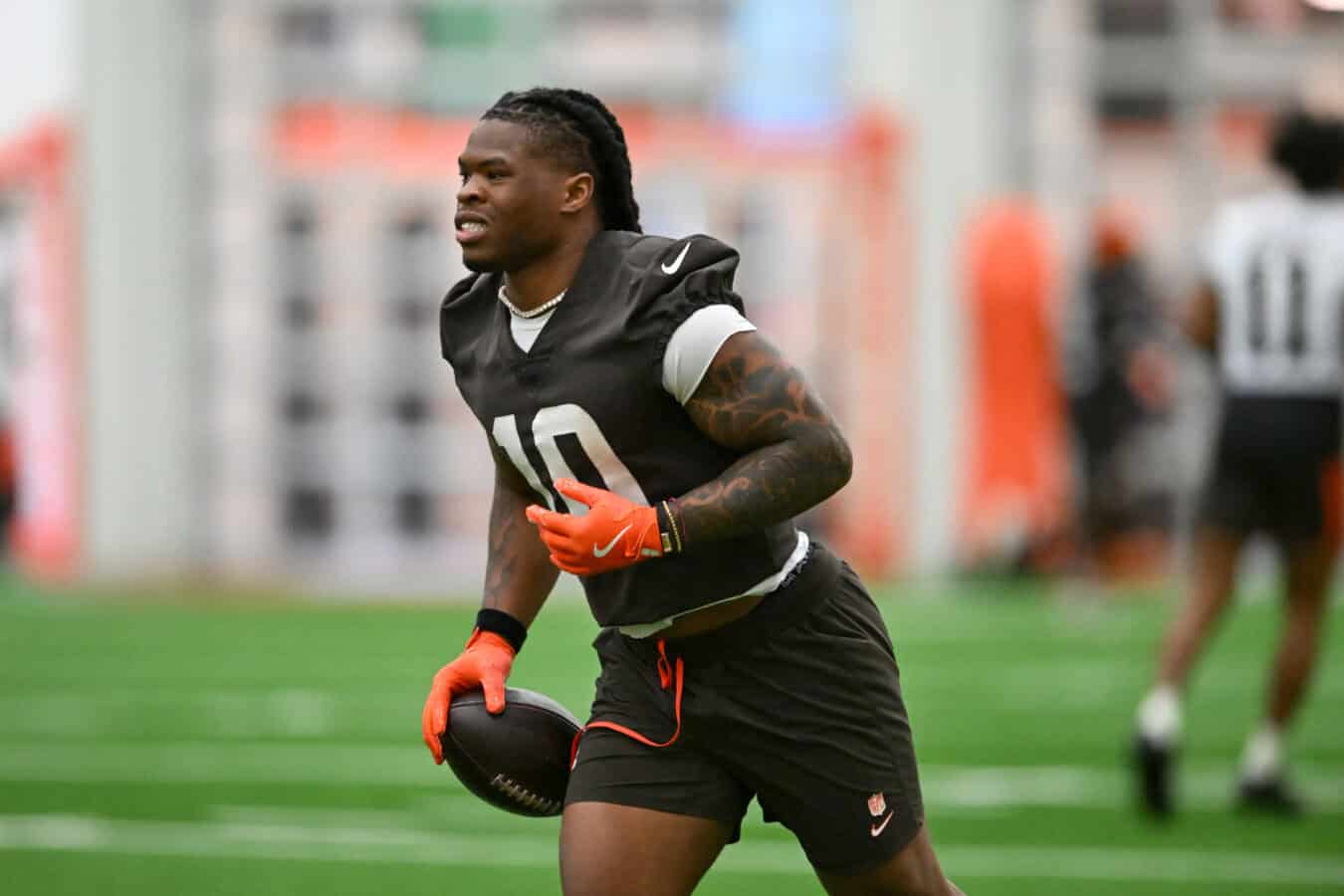 BEREA, OHIO - MAY 20: Quinshon Judkins #10 of the Cleveland Browns runs a drill during the Cleveland Browns OTA Offseason Workouts at CrossCountry Mortgage Campus on May 20, 2026 in Berea, Ohio.