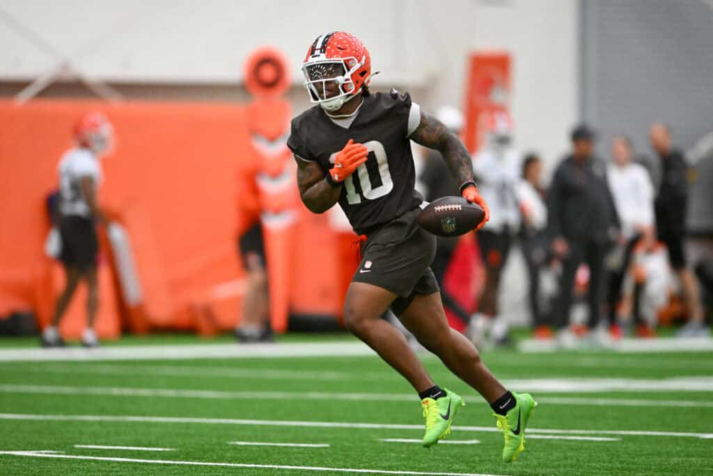 BEREA, OHIO - MAY 20: Quinshon Judkins #10 of the Cleveland Browns runs a drill during the Cleveland Browns OTA Offseason Workouts at CrossCountry Mortgage Campus on May 20, 2026 in Berea, Ohio.