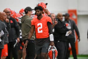BEREA, OHIO - MAY 20: Shedeur Sanders #2 of the Cleveland Browns looks on during the Cleveland Browns OTA Offseason Workouts at CrossCountry Mortgage Campus on May 20, 2026 in Berea, Ohio.
