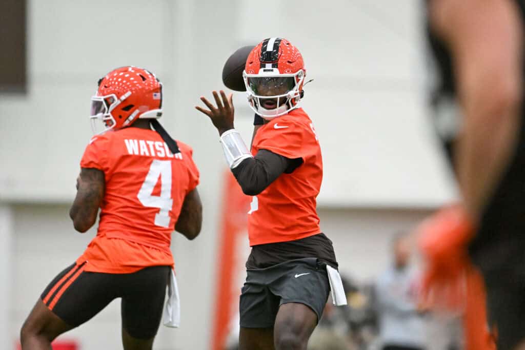 BEREA, OHIO - MAY 20: Shedeur Sanders #2 of the Cleveland Browns throws a pass during the Cleveland Browns OTA Offseason Workouts at CrossCountry Mortgage Campus on May 20, 2026 in Berea, Ohio.