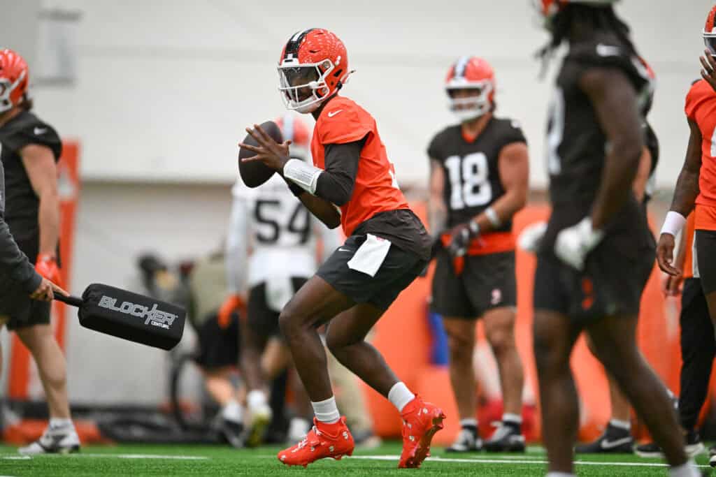 BEREA, OHIO - MAY 20: Shedeur Sanders #2 of the Cleveland Browns looks to pass during the Cleveland Browns OTA Offseason Workouts at CrossCountry Mortgage Campus on May 20, 2026 in Berea, Ohio.