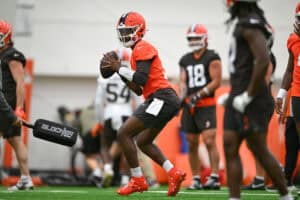 BEREA, OHIO - MAY 20: Shedeur Sanders #2 of the Cleveland Browns looks to pass during the Cleveland Browns OTA Offseason Workouts at CrossCountry Mortgage Campus on May 20, 2026 in Berea, Ohio.